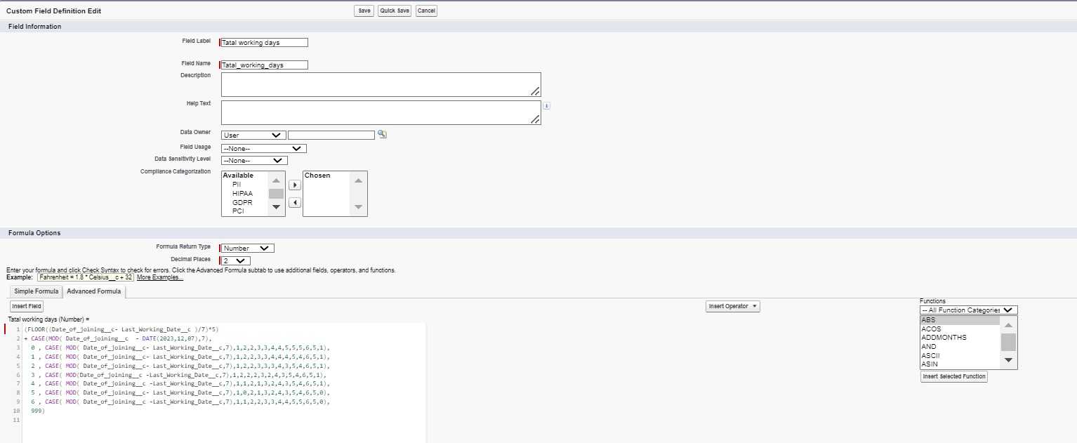 Formula Field to calculate the days between two date fields and to Exclude weekends